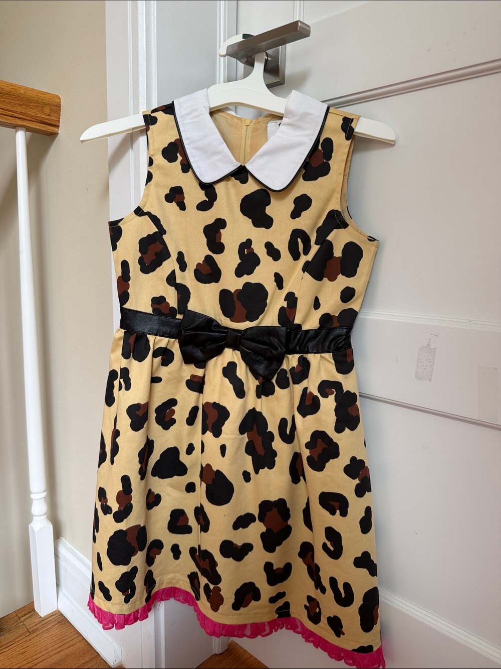 Harajuku Lovers Beige Leopard Dress with White Collar, Black Bow & Pink Trim